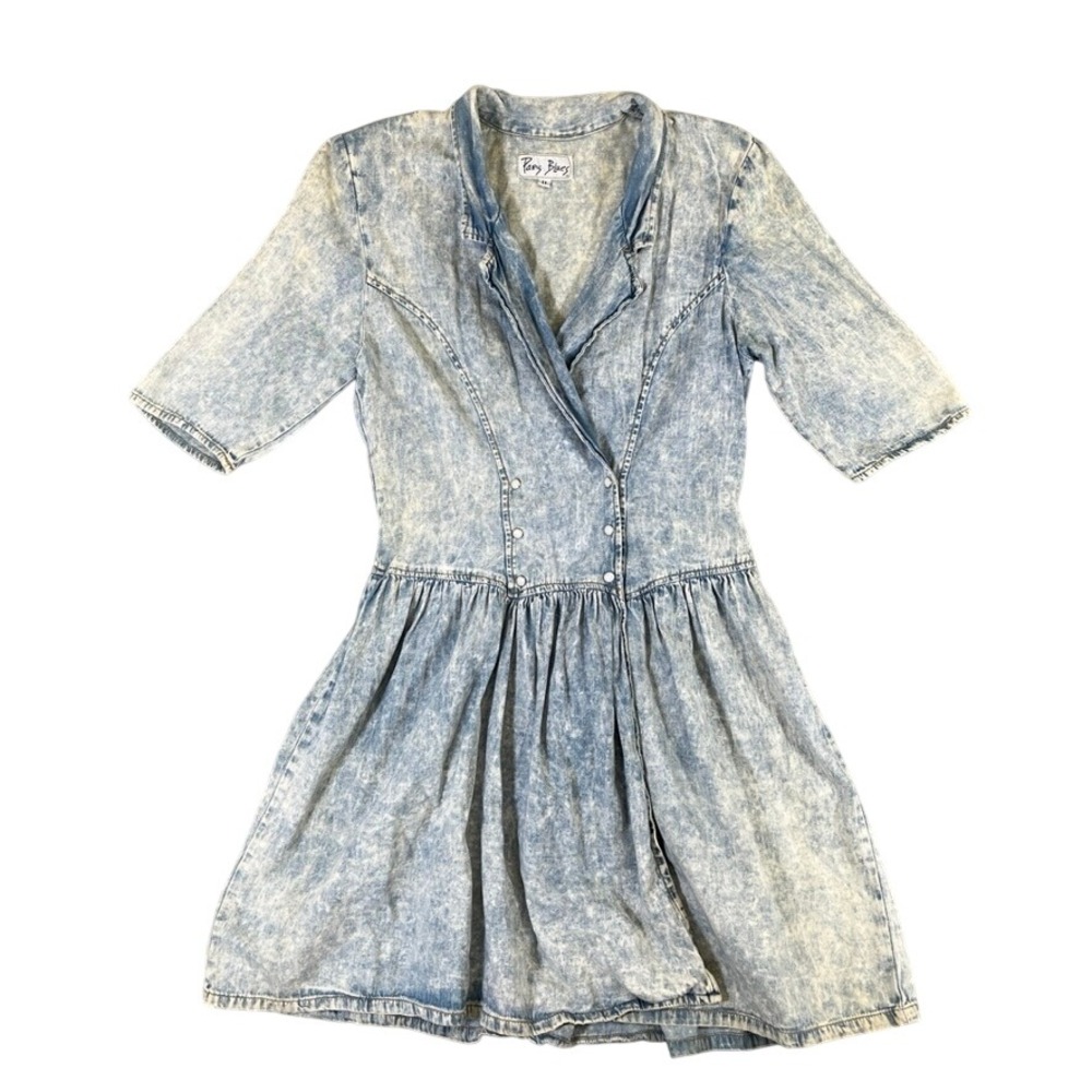 Vintage Paris Blues Acid Wash Denim Dress 11 Blue Cotton Snap Front Made in USA